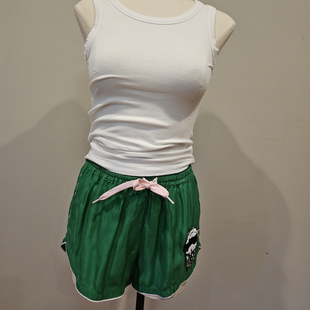 Women's Green Athletic Shorts with Pink Tie